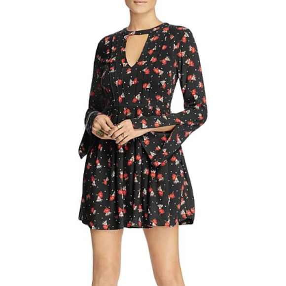 Free People Tegan Black‎ Red Floral Gingko Poppy Mini Dress, Sz S - Picture 1 of 8